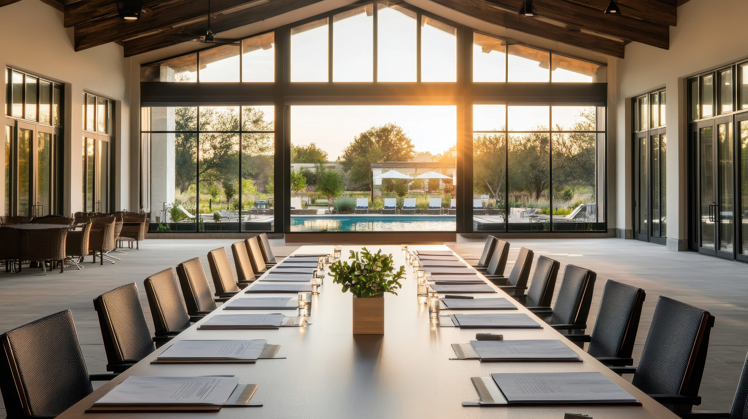 Modern conference room with view of serene outdoor pool area.