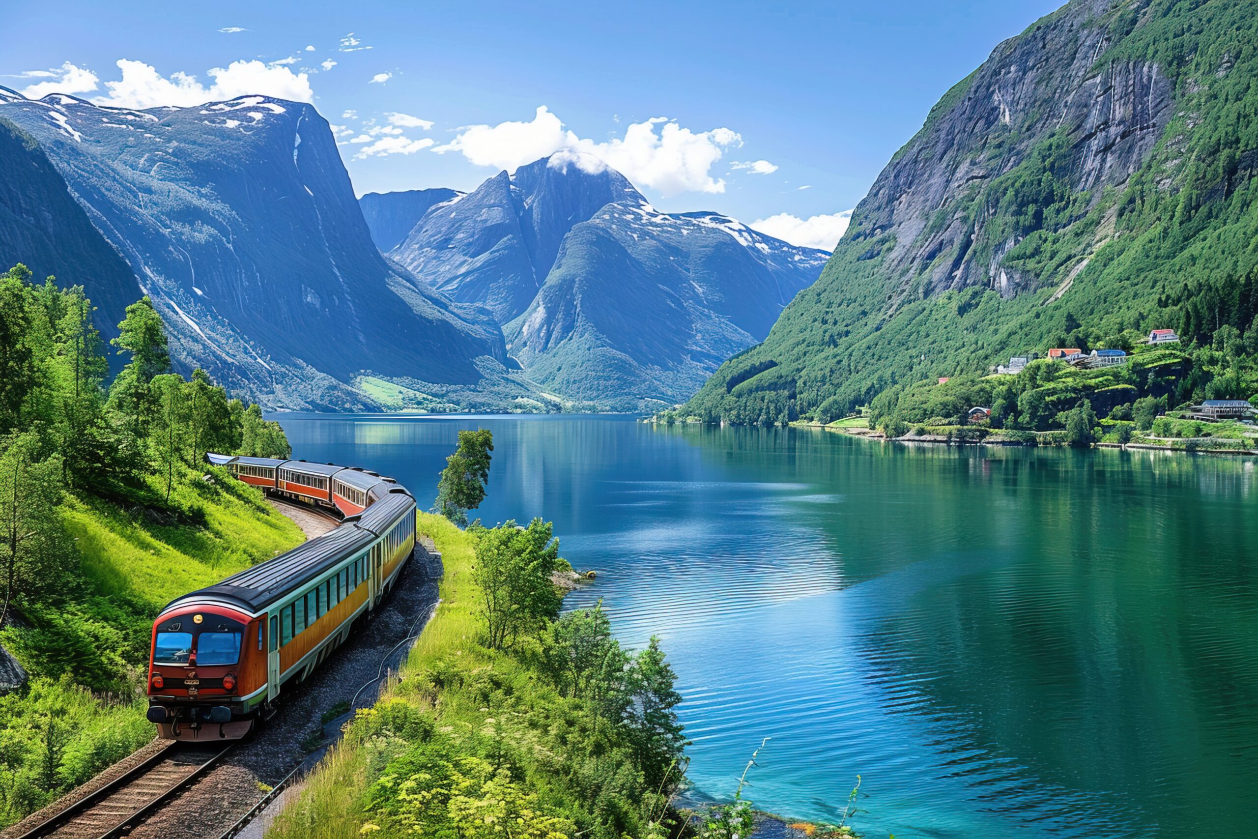 A train is traveling through a beautiful mountain valley with a lake in the background. The train is surrounded by lush green trees and the landscape is serene and peaceful